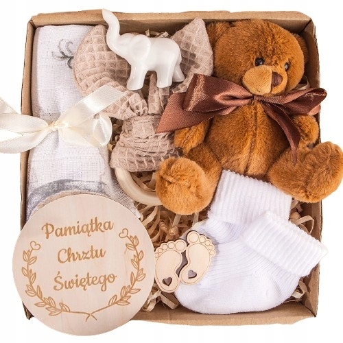 na Chrzest Pamiątka dla dziecka z maskotką, pieluszką i gryzakiem
