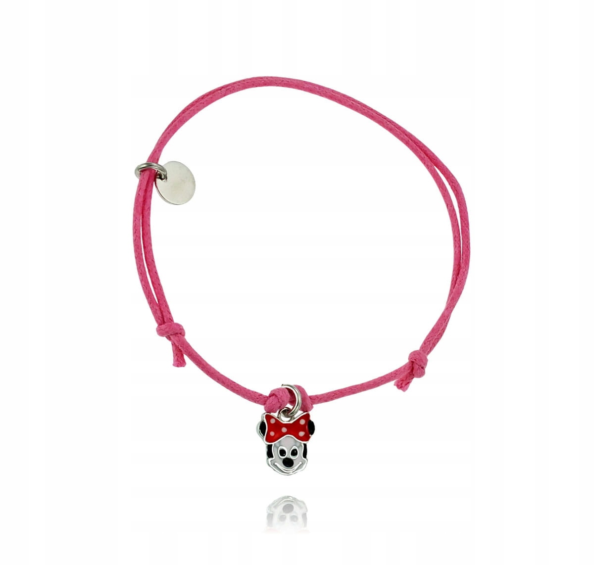 SREBRNA BRANSOLETKA MYSZKA NA RÓŻOWYM SZNURECZKU