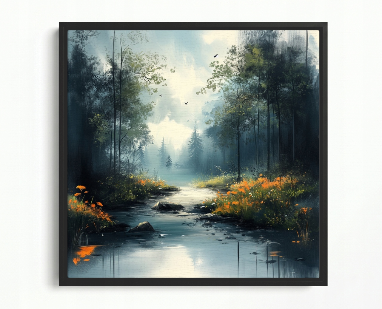Obraz Rám Americký Box Příroda Krajina Les Řeka Potok Květiny Mlha 50x50