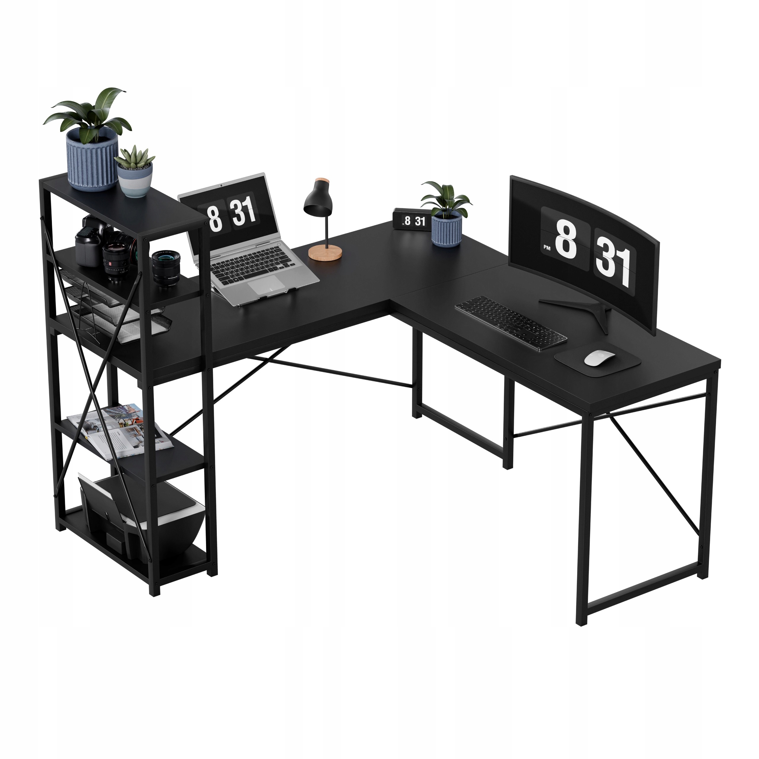 Rohový psací stůl s regálem Mark Adler, černý, počítačový, pro loftovou studijní kancelář