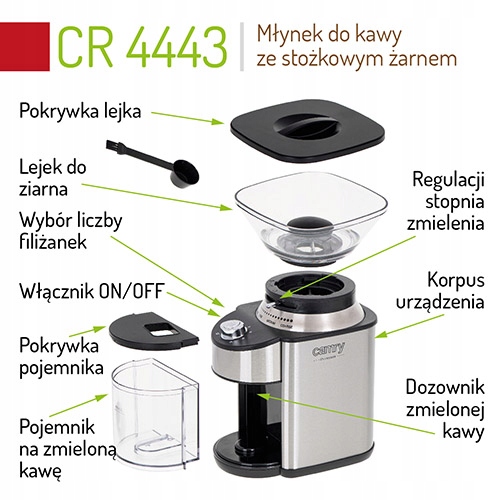 CR 4443 Młynek do Kawy Stożkowy Żarnowy 16 Ustawień 200W
