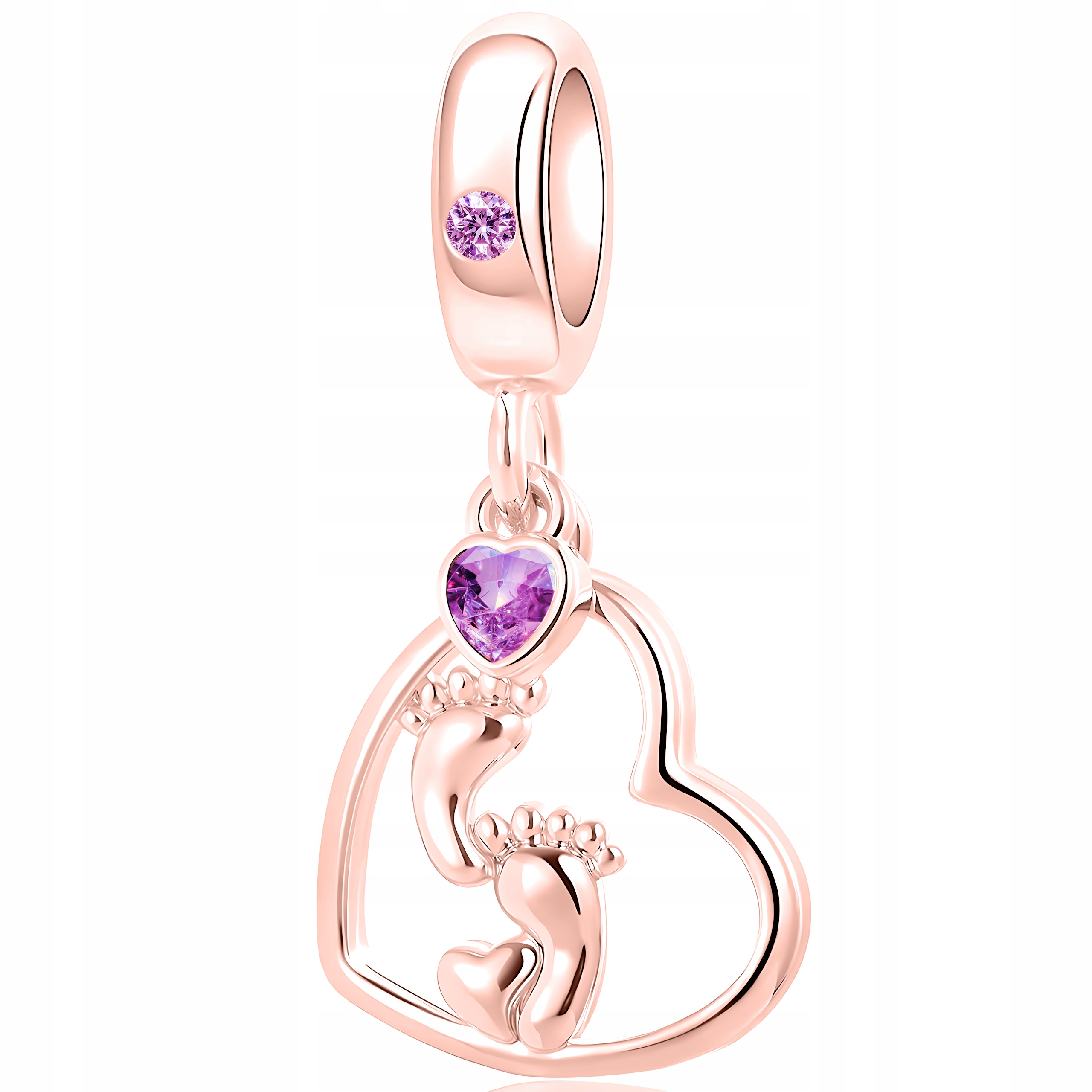 Visací přívěsek Charms Růžový se Stopami Srdce Zirkon Dětské Stopy