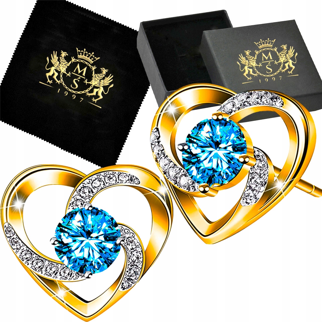 Kolczyki Złote Srebro 925 Serca z Cyrkoniami na Sztyft Damskie