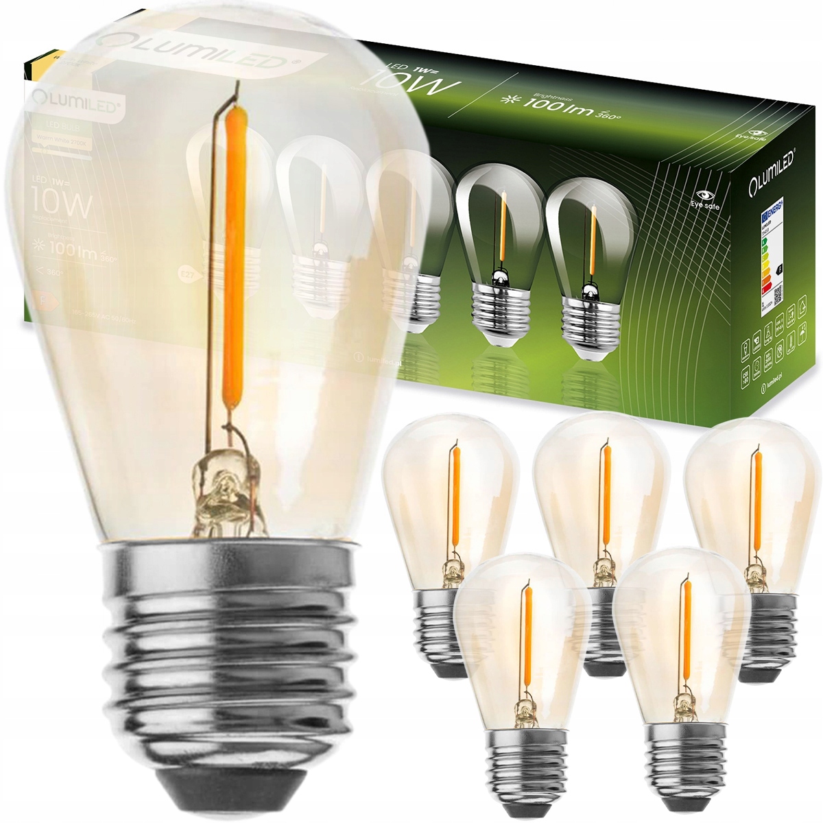 5x ŻARÓWKA LED FILAMENT 1W=10W E27 100LM 2700K CIEPŁA LAMPKA DO GIRLADNY