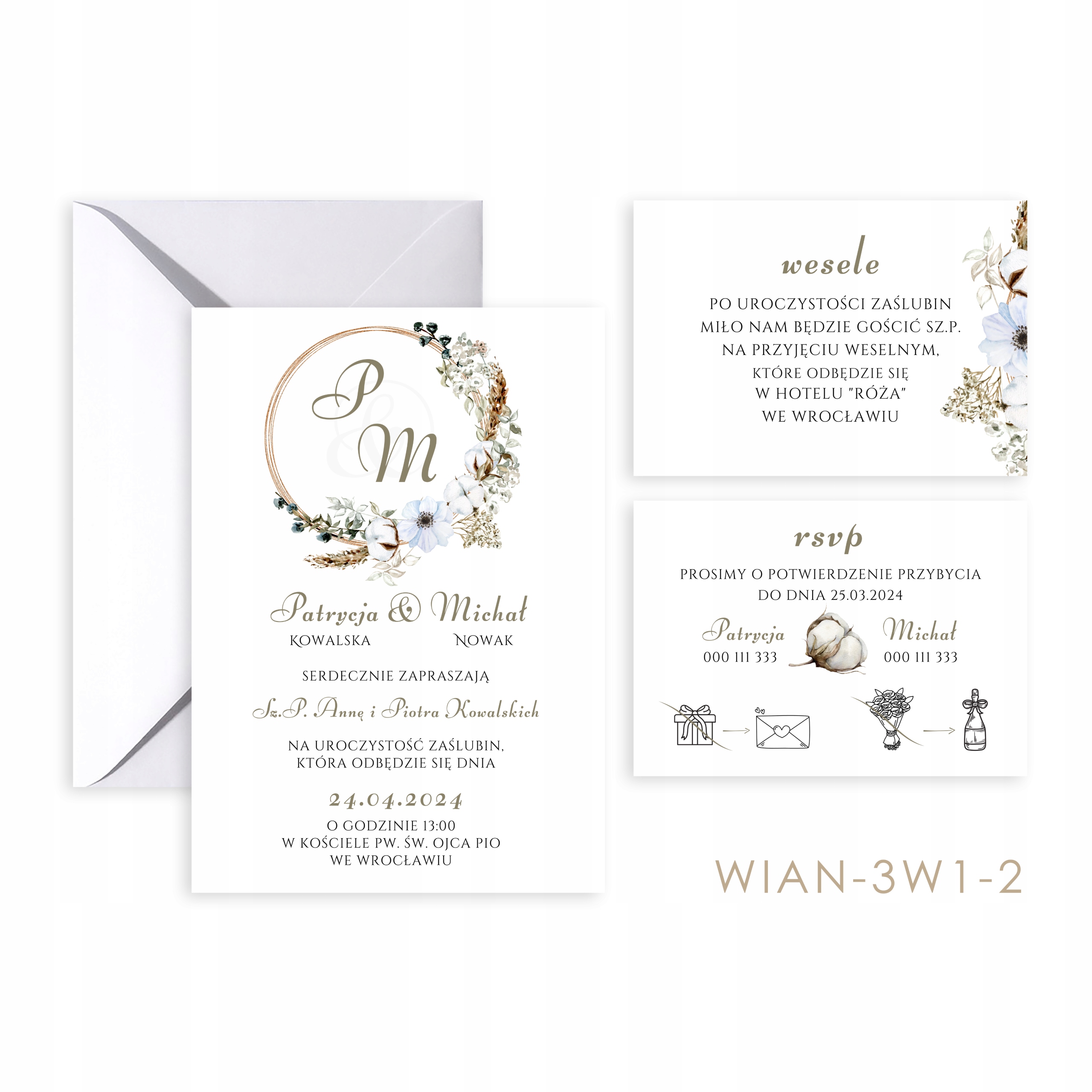 Zaproszenia Ślubne 3 w 1 WIANKI + koperta + gratis, WZORY Liczba sztuk 1 szt.