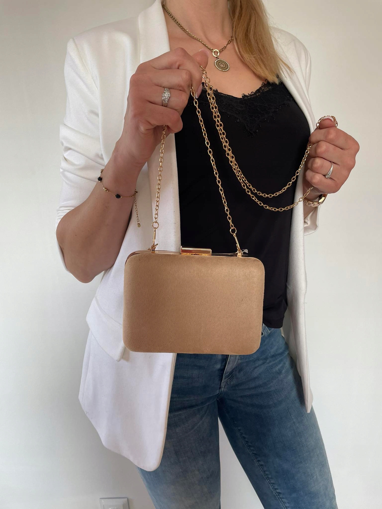 TOREBKA DAMSKA PUZDERKO z rączką NA ŁAŃCUSZKU karmelowy BEŻ Model PUZDERKO