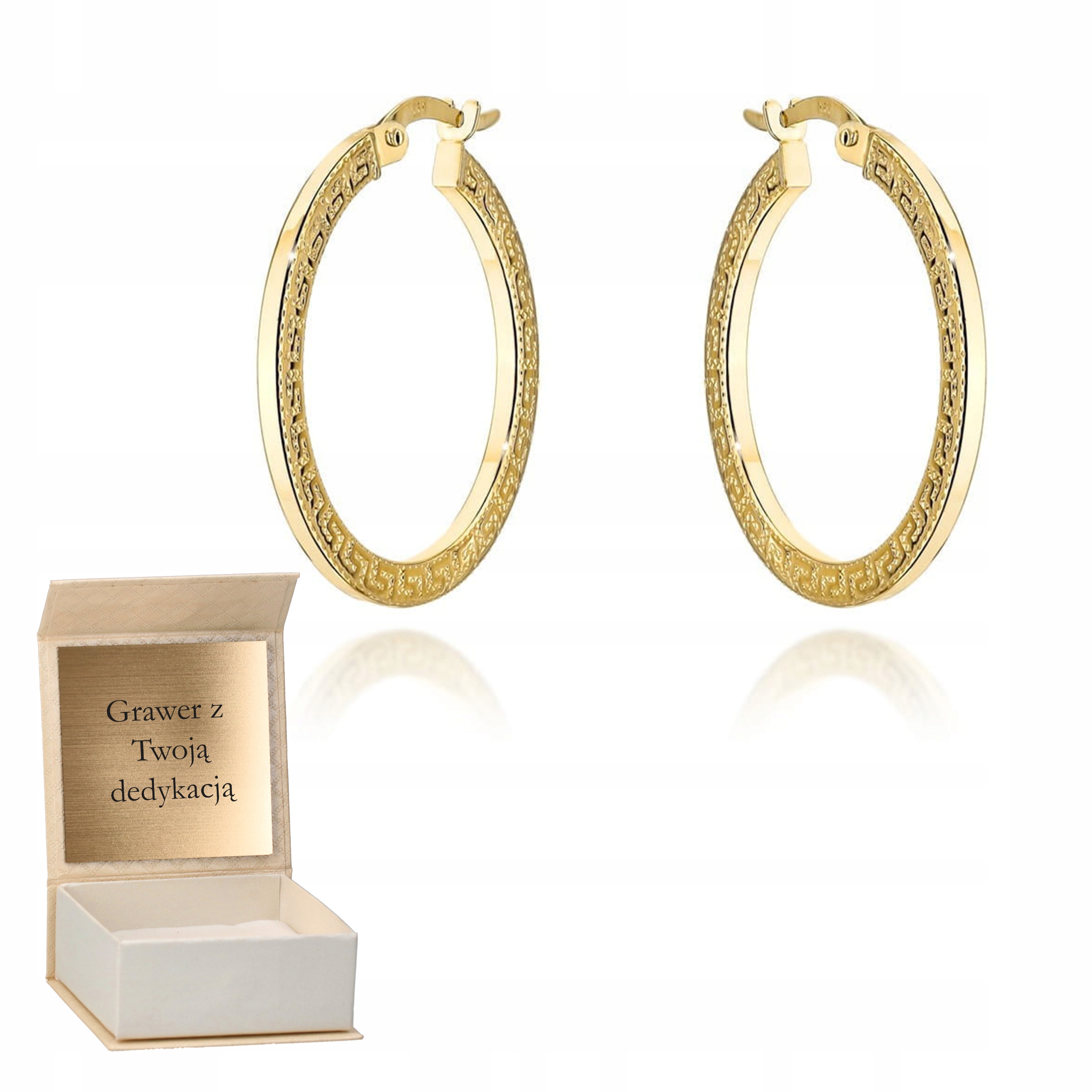 zlaté kruhové náušnice s řeckým vzorem na bocích zlato ryzost 585 Gravírování