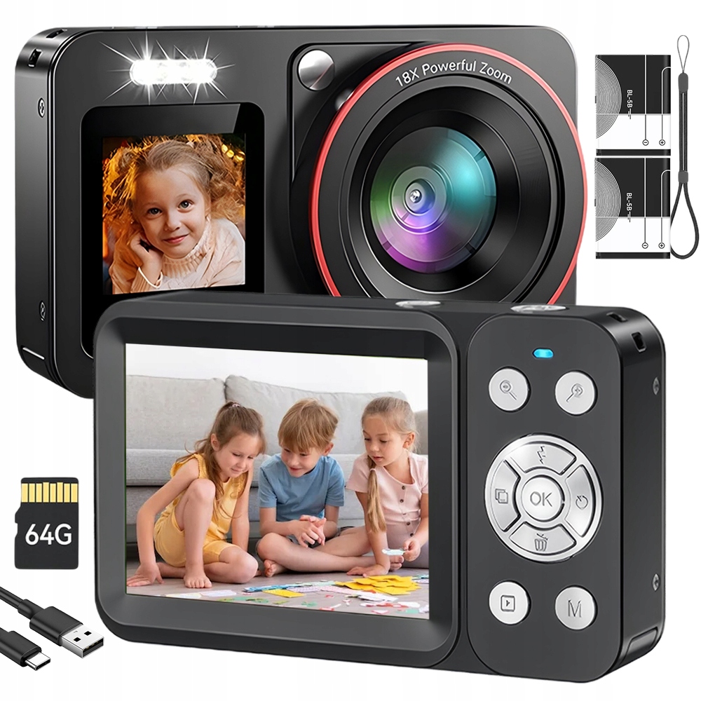 Digitální Fotoaparát 4K 64MP Lehký S Pouzdrem 18X Zoom 2 Baterie 64GB