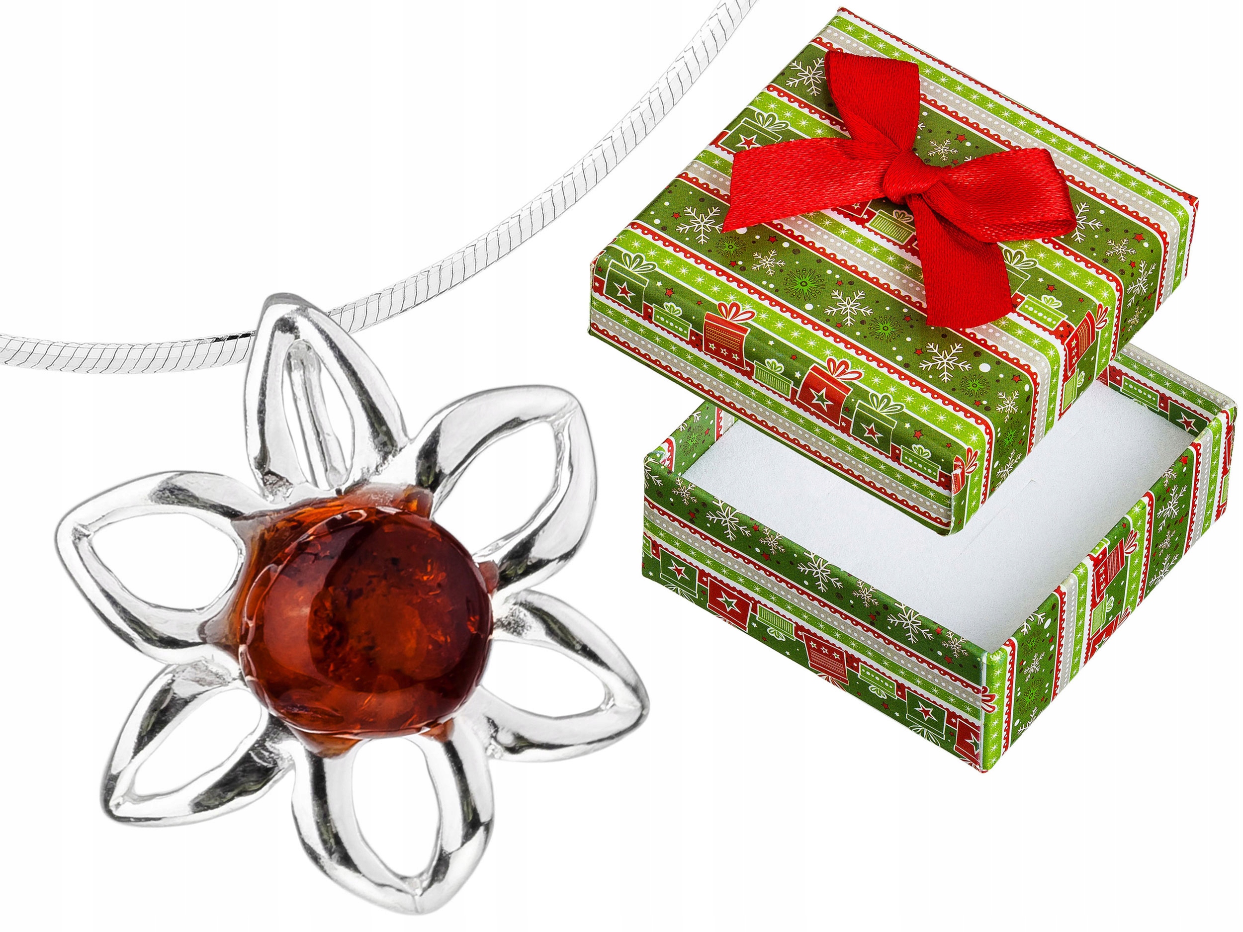 Stříbrný náhrdelník Květina s jantarem Ažurový květ Baltský Jantar 65 cm