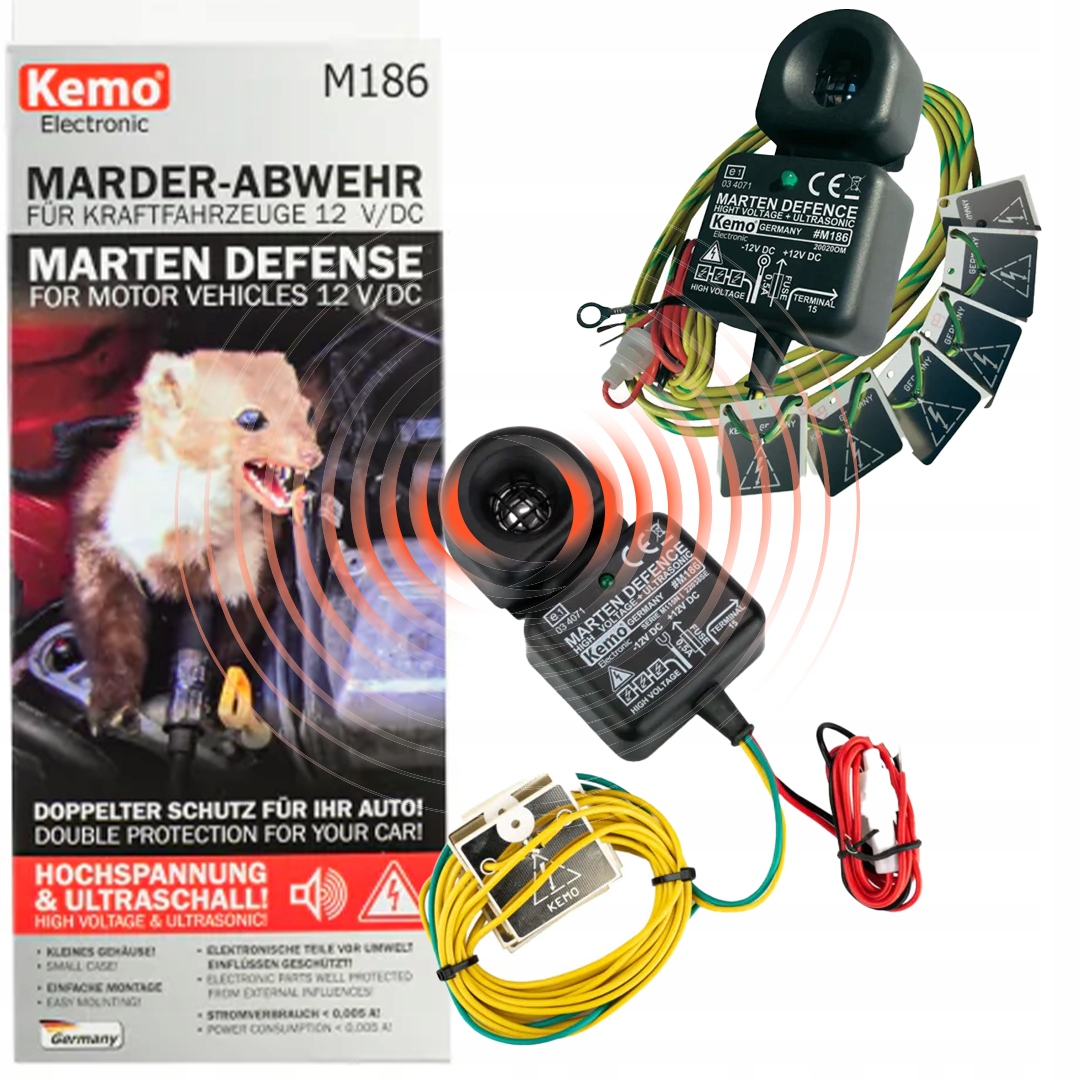 Kemo M186 niemiecki odstraszacz kun samochodowy 2w1 ultradźwięki i napięcie