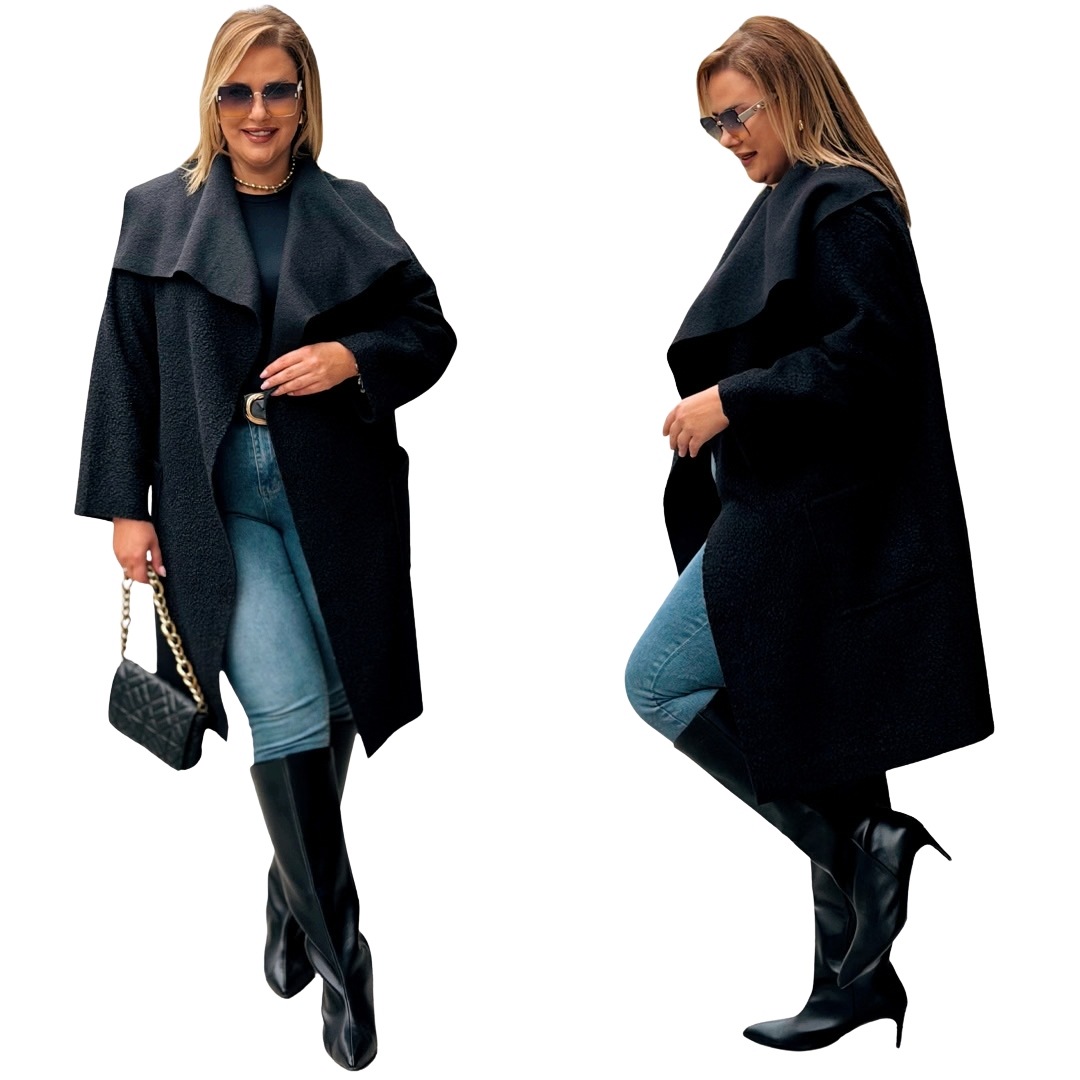 Dámský kabát Cavaricci Plus Size Přehoz Boucle Velké velikosti Černý