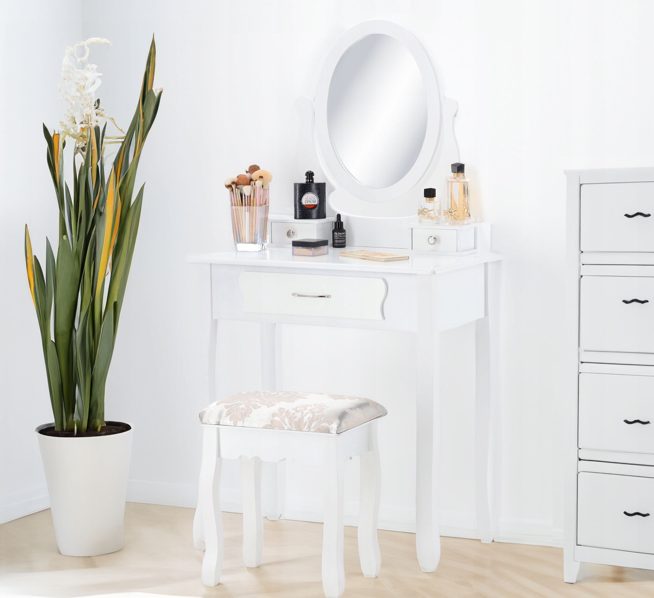 TOALETKA KOSMETYCZNA Z LUSTREM I SZUFLADAMI DO WIZAŻU + TABORET Wysokość mebla 135 cm