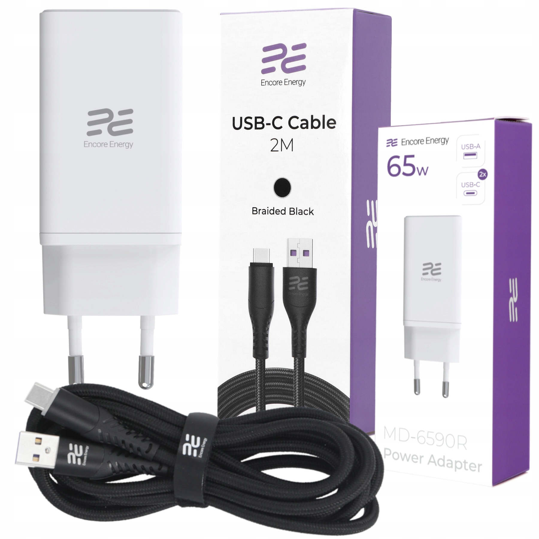 Rychlá nabíječka USB-C -A trojitá QC PD GaN 65W + kabel Encore Energy 2 m