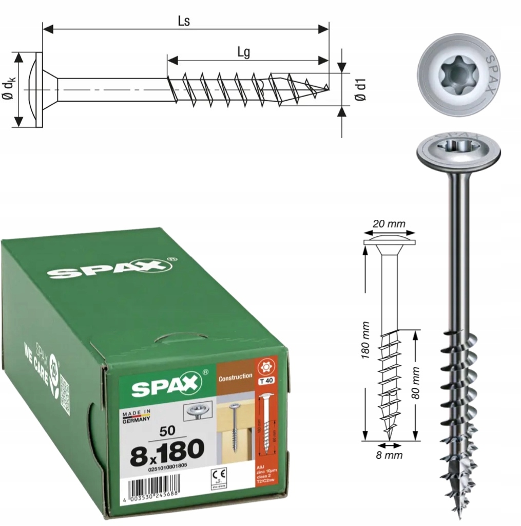 Šroub pro dřevěné konstrukce Hi.force Wirox 8x180 50 Ks