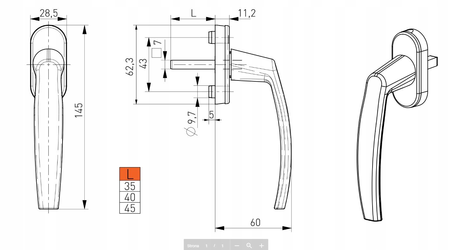 Klamka aluminiowa do okna okienna biała T45 Marka Demi