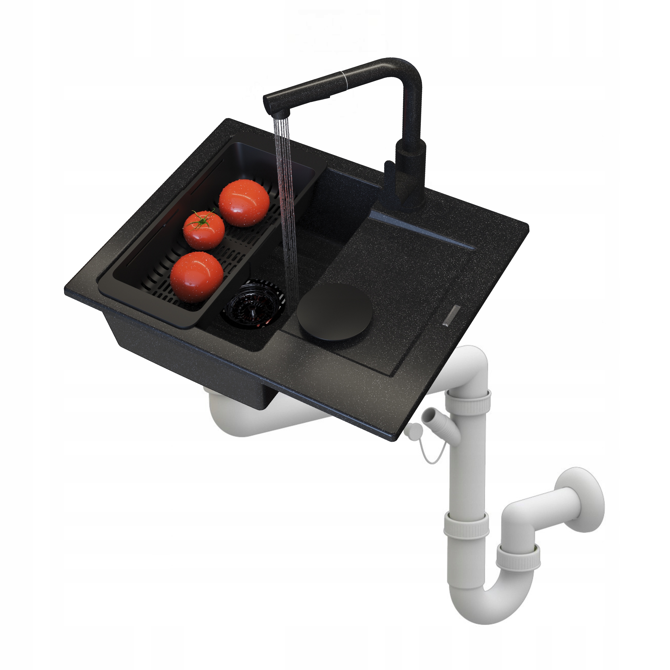 Drez Top granitový jednokomorový čierny Sada batérií Sifónový košík 6v1