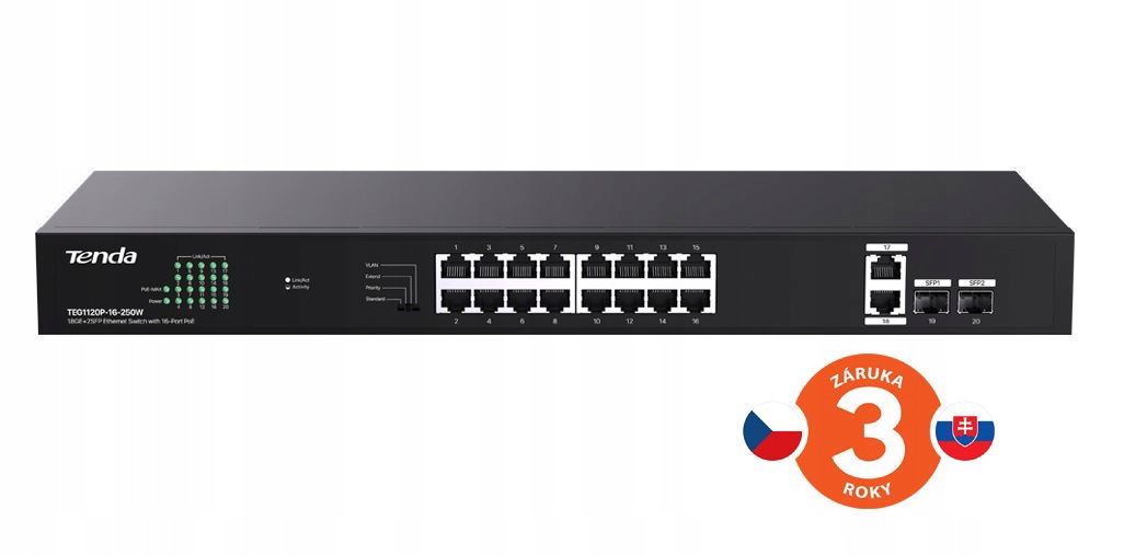 Tenda TEG1120P-16-250W PoE+ Gigabit switch 16x 1Gb s PoE+ 802.3af at 2x
