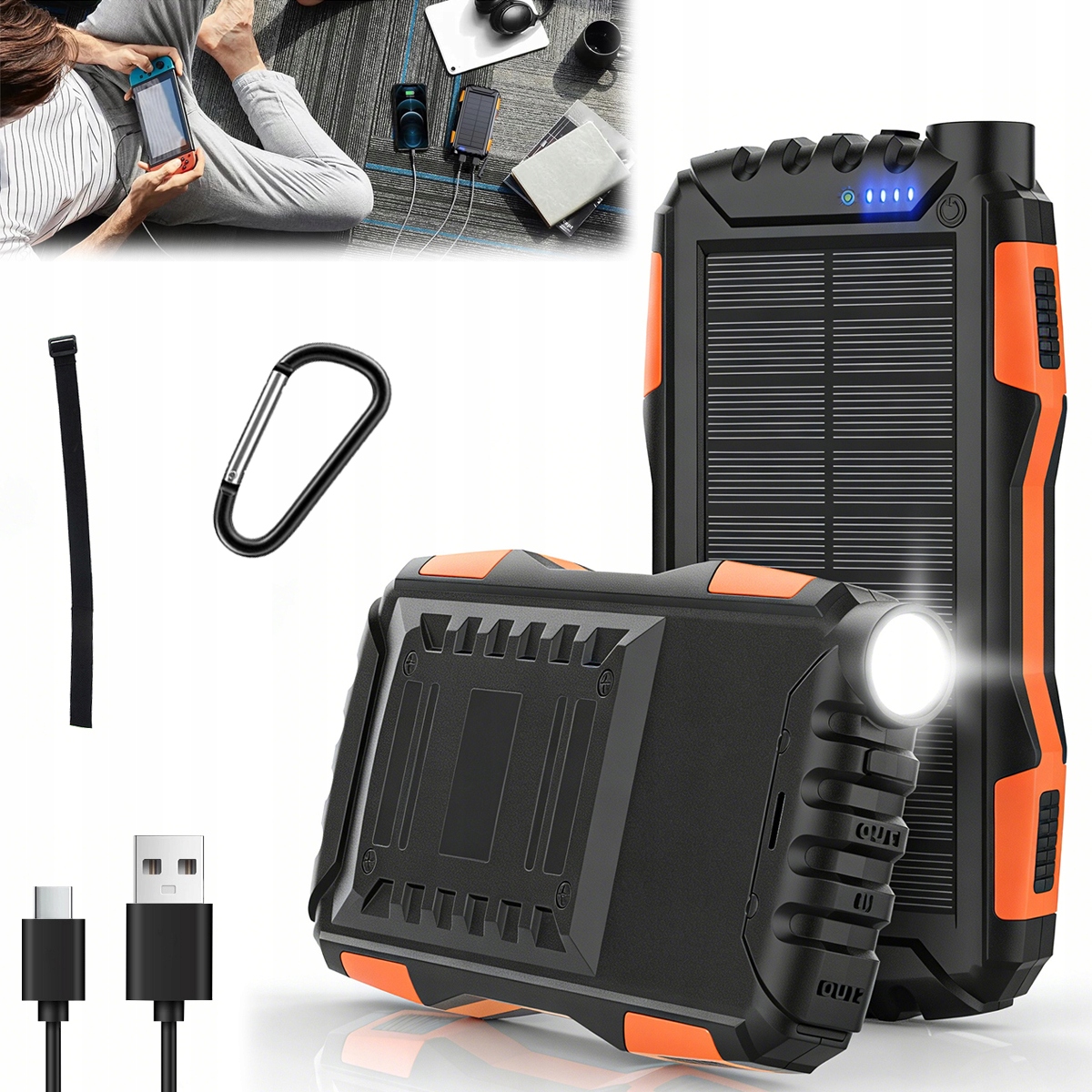 Powerbank Solarny 30000 mAh Wodoodporny 22,5W Szybkie Ładowanie Led
