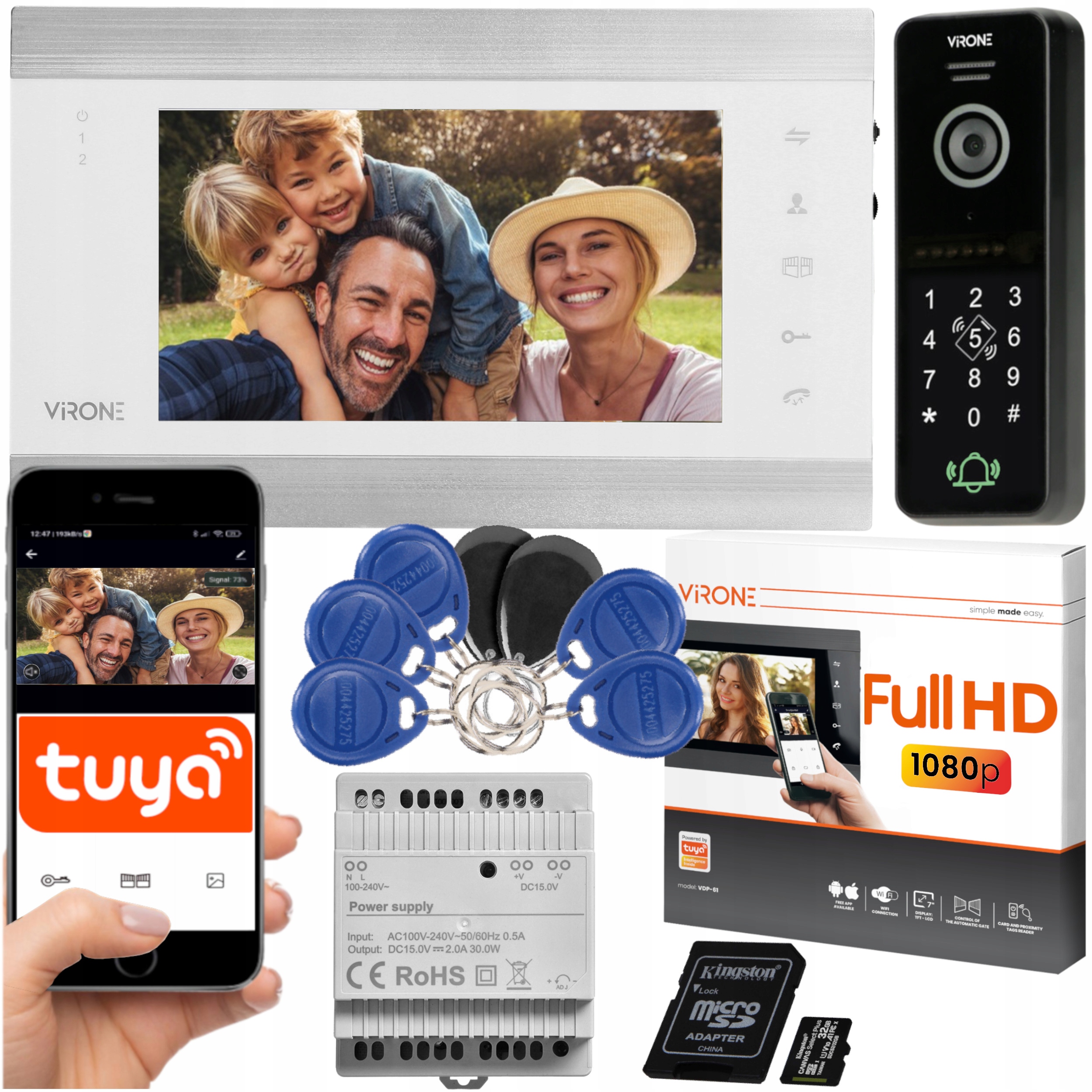 WIDEODOMOFON WiFi FULL HD 7' SZYFRATOR NA KOD RFID APLIKACJA KARTA PAMIĘCI