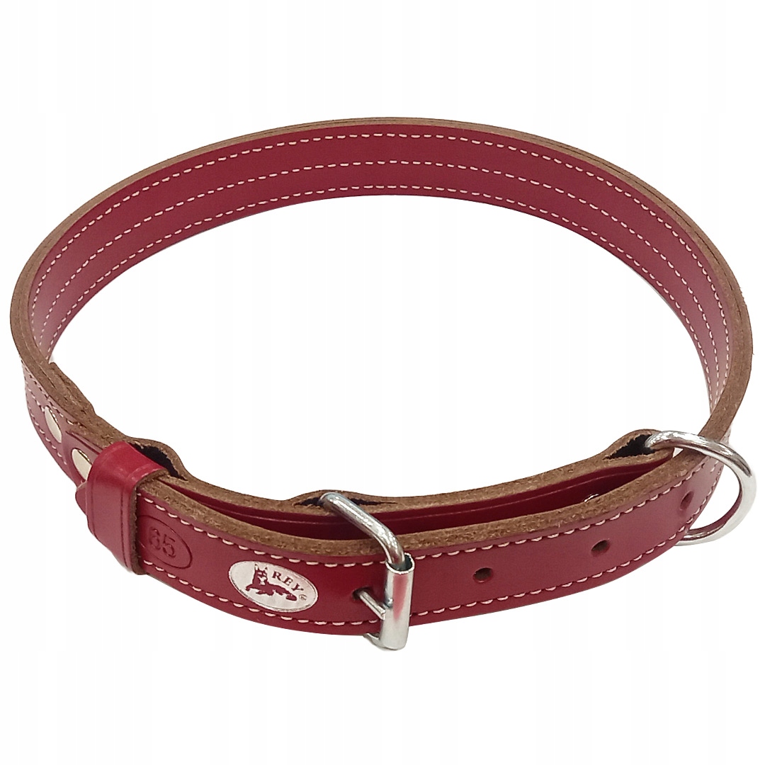Levně Kožený obojek pro psa 3-násobný, šitý 51-60 cm, červený, Polský Výrobce