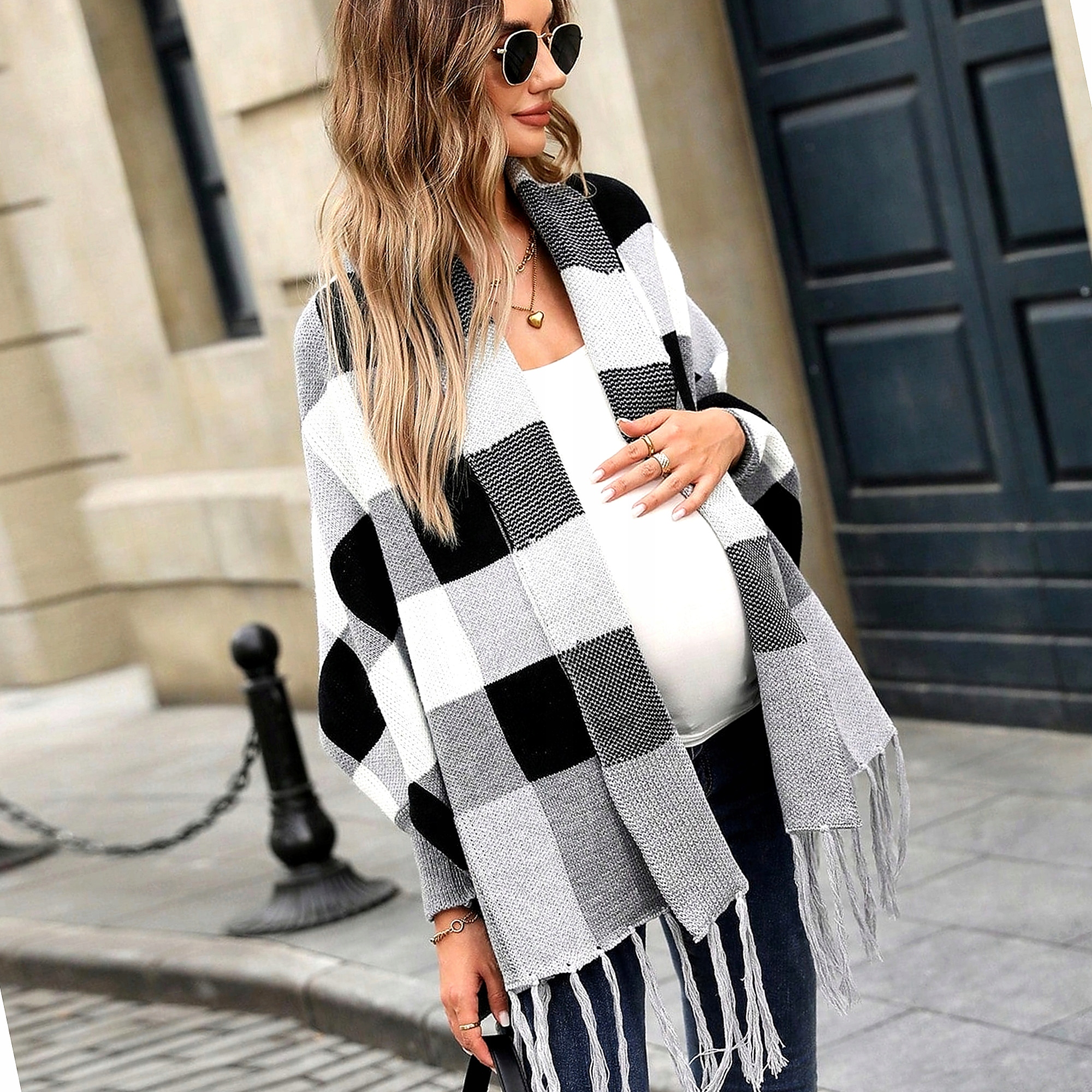 Přechodový kardigan s těhotenskými třásněmi a mřížkou, volný, dámský svetr, velikost Xs, velikost 34