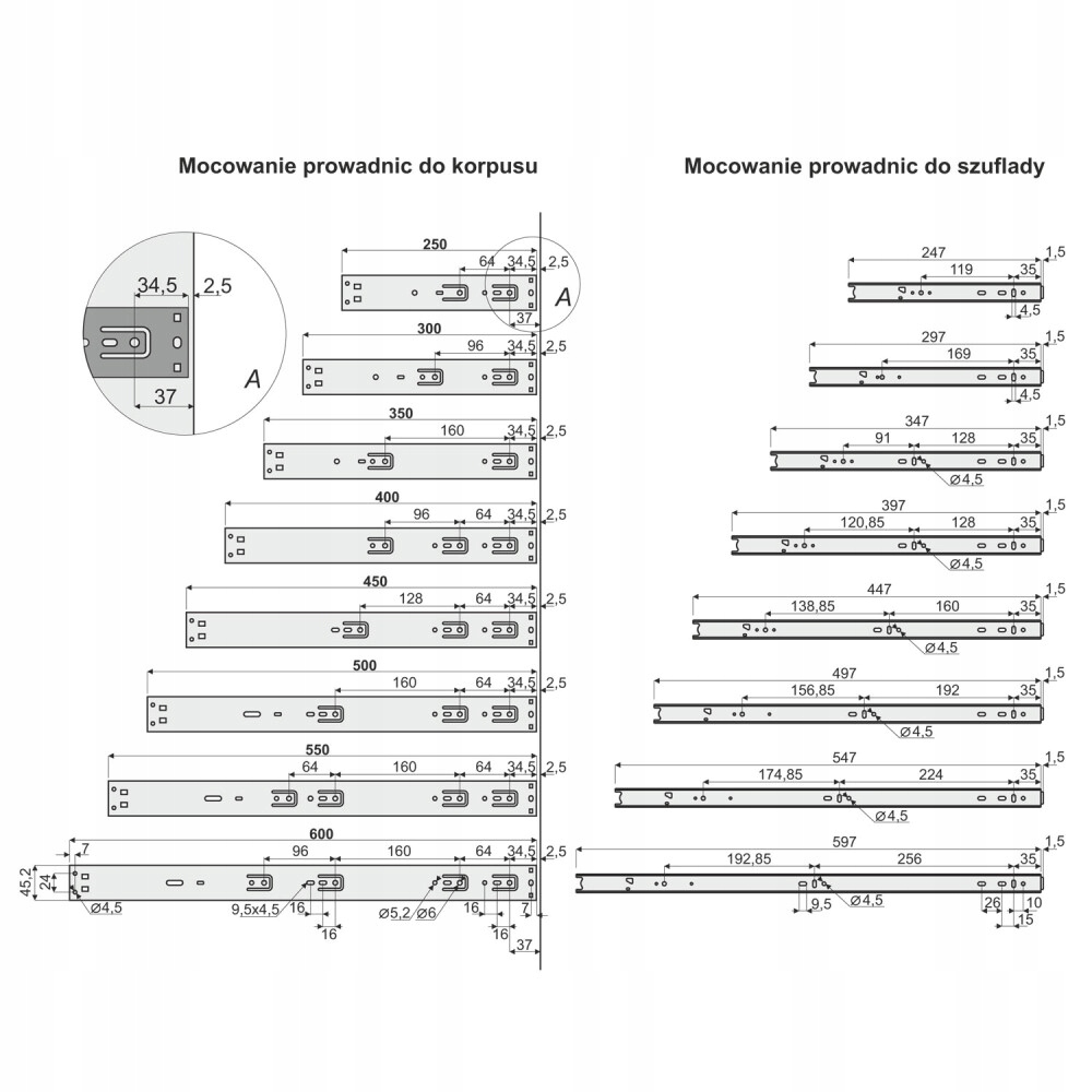 Prowadnica kulkowa do szuflad L550 SEVROLL DOMYK Marka Sevroll