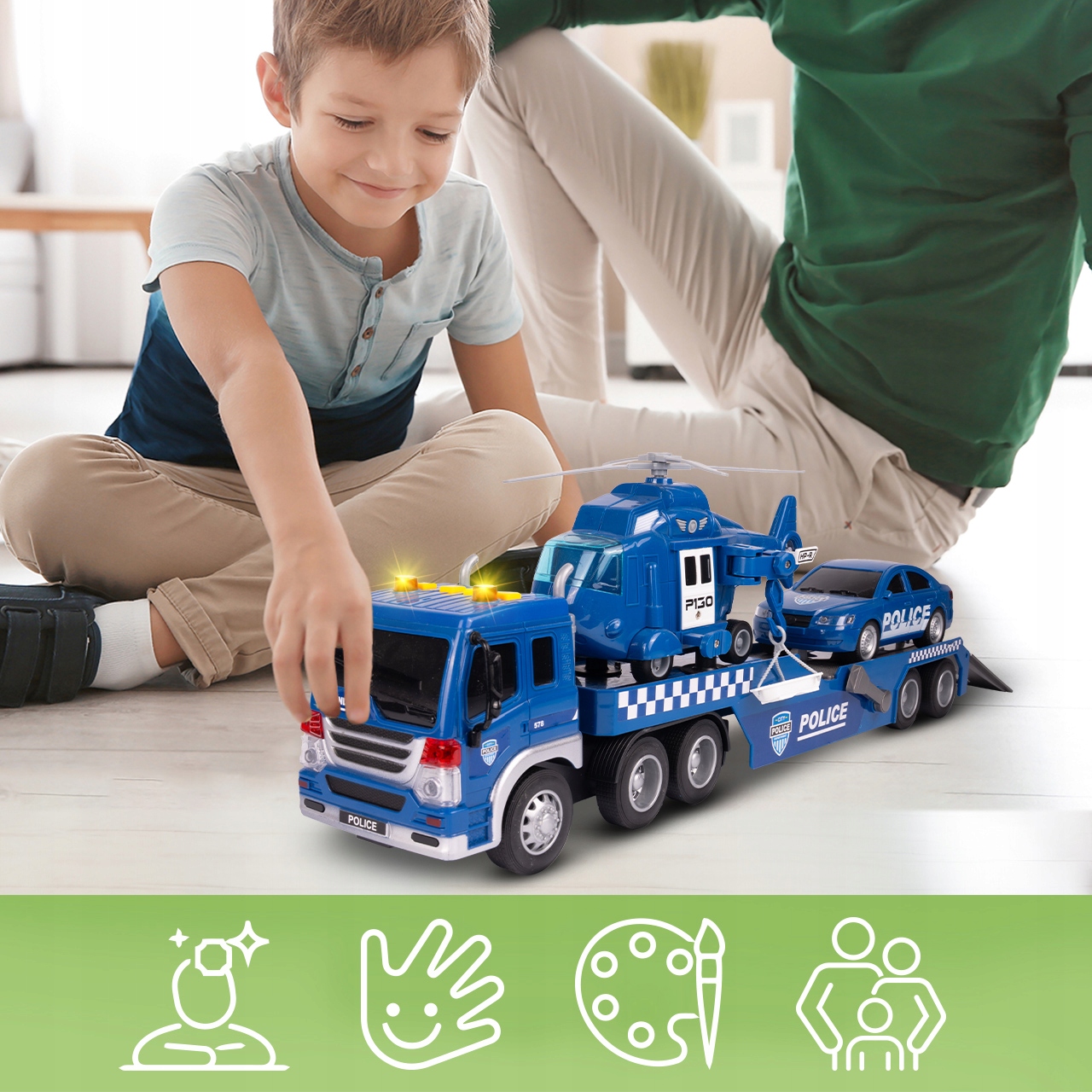 LAWETA POLICYJNA 1:16 ŚWIATŁO DŹWIĘK RUCHOME ELEMENTY HELIKOPTER AUTO Baterie 3AG13