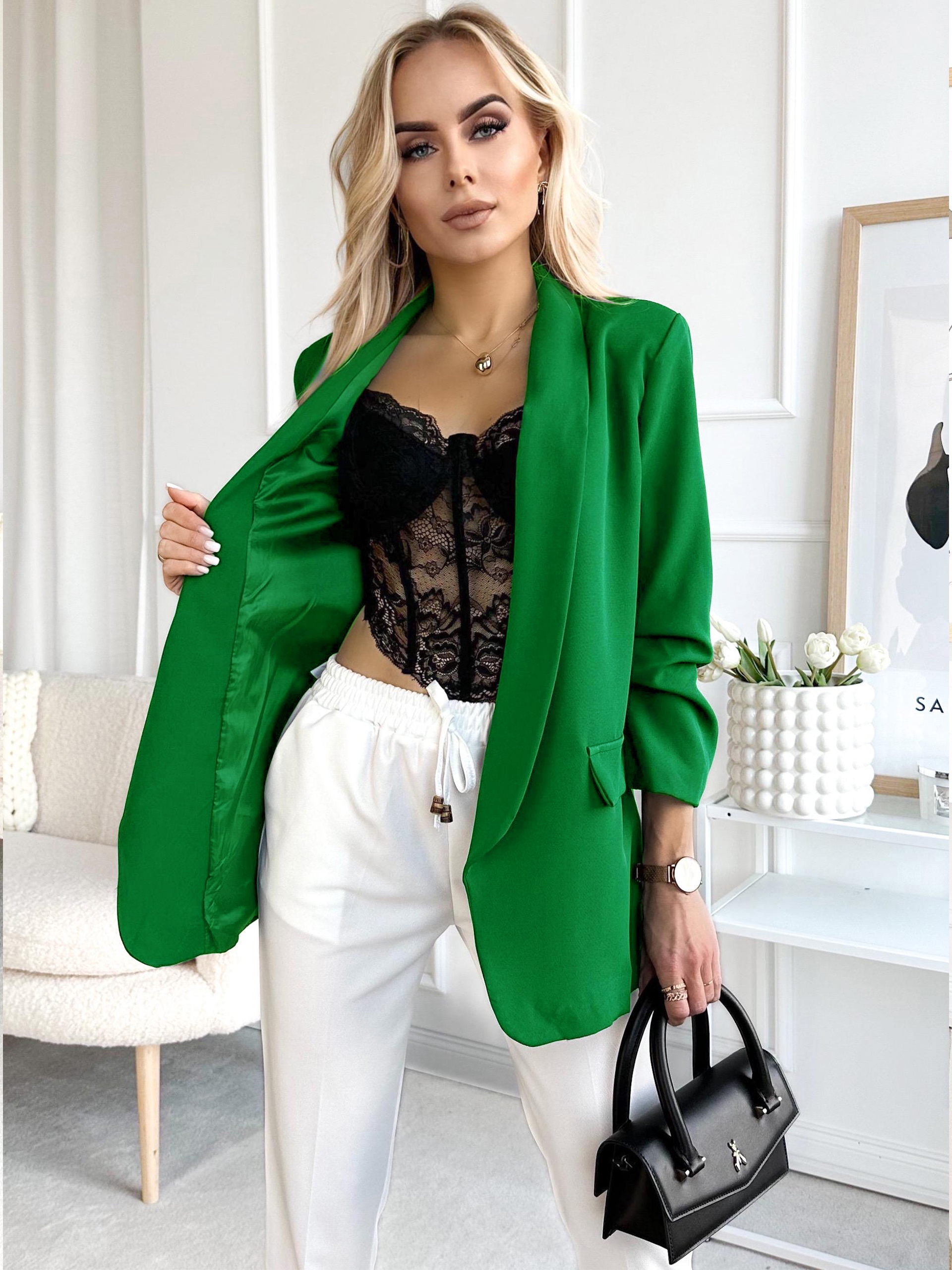 MARYNARKA damska ŻAKIET drapowane rękawy stylowy zielony Rozmiar XXL