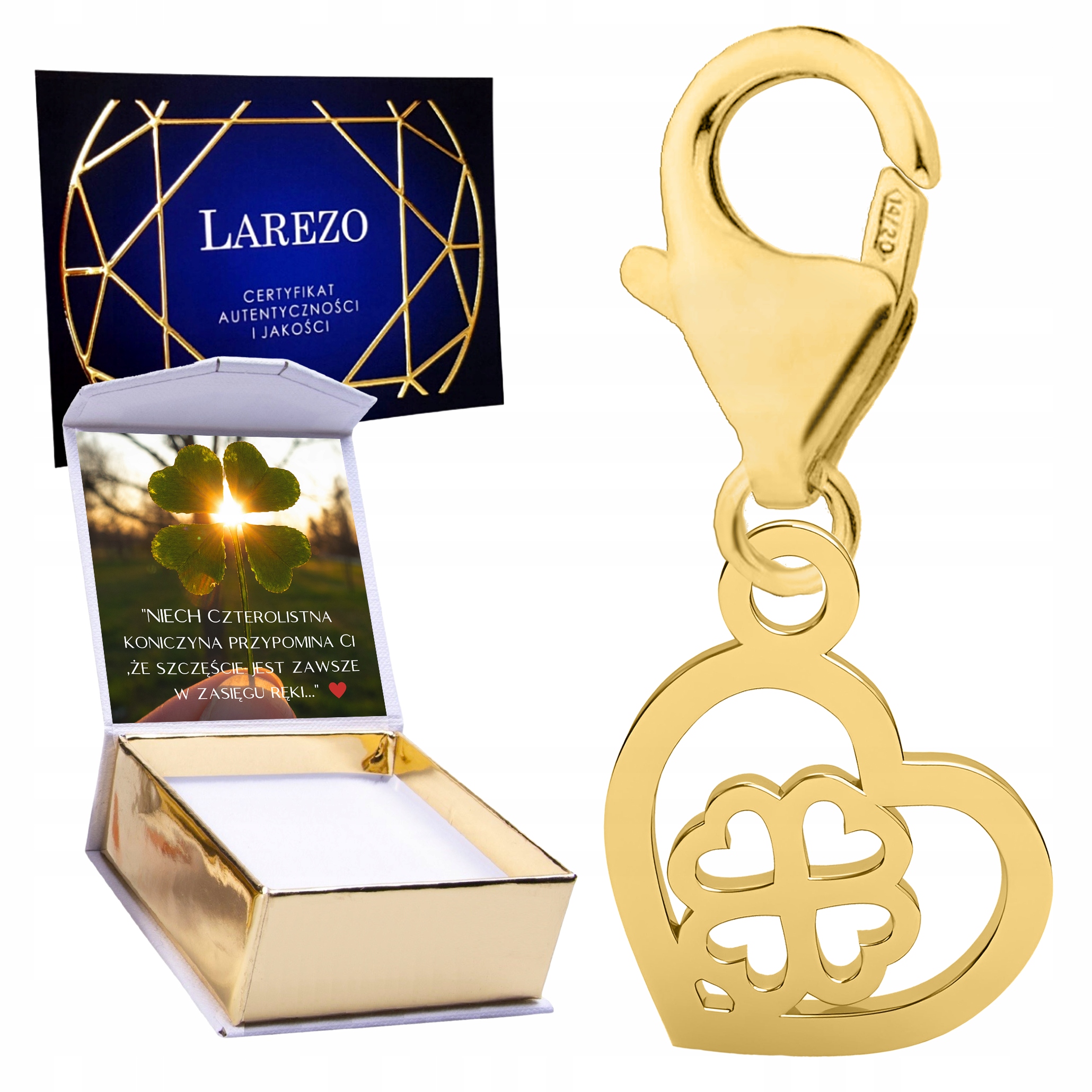 Zlatý Přívěsek 925 Závěsné srdce s jetelem pro štěstí Srdíčko Potisk