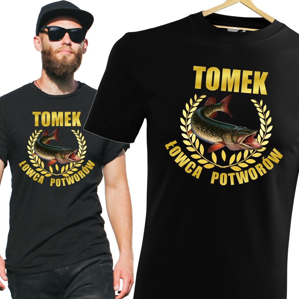 ŁOWCA POTWORÓW + IMIĘ WĘDKARSKA KOSZULKA PREZENT t-shirt wędkarzświęta