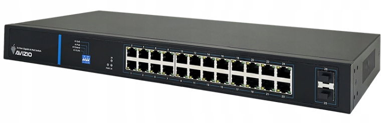 Switch PoE+ 250m 24x RJ45 1Gb 2x Uplink 2x Sfp 250W Pro Kamery 1U Rack Avizio