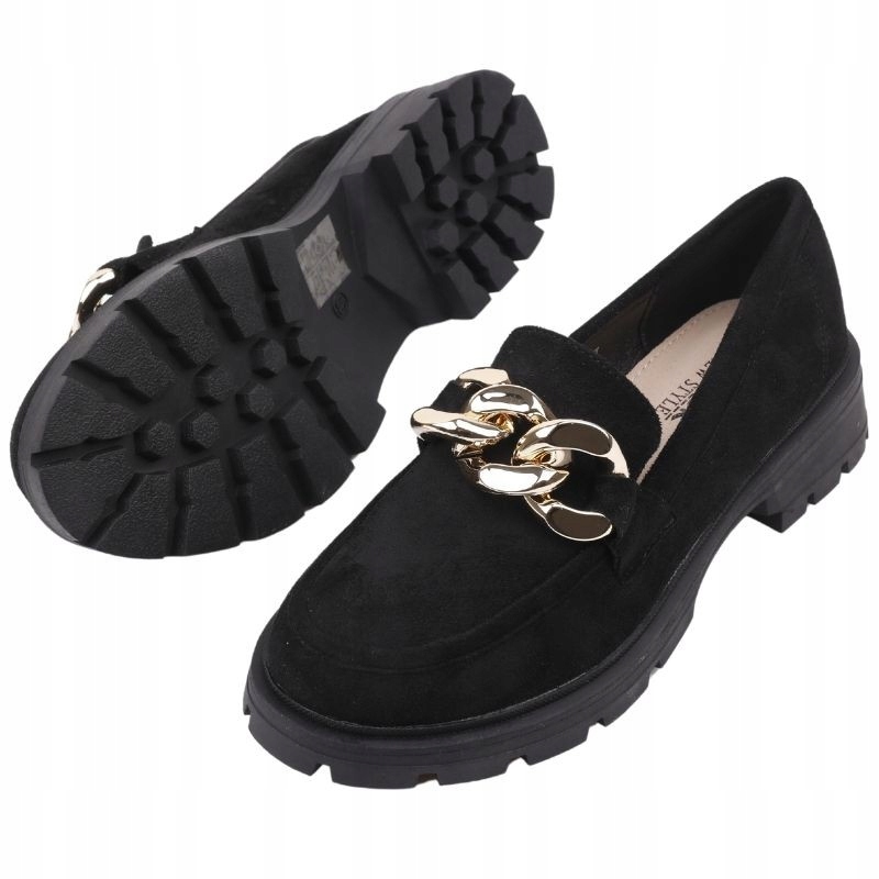 Czarne Mokasyny Damskie Na Platformie Wsuwane Półbuty