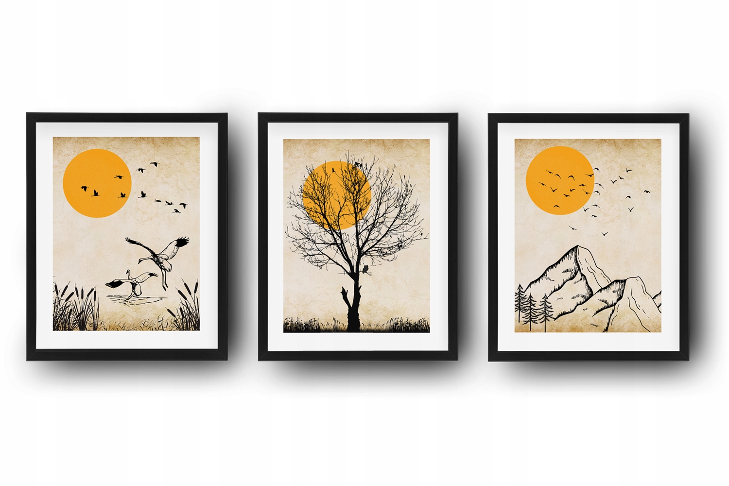 Plakaty TRYPTYK zachód słońca góry żurawie drzewo Kod producenta 4T8-SG45