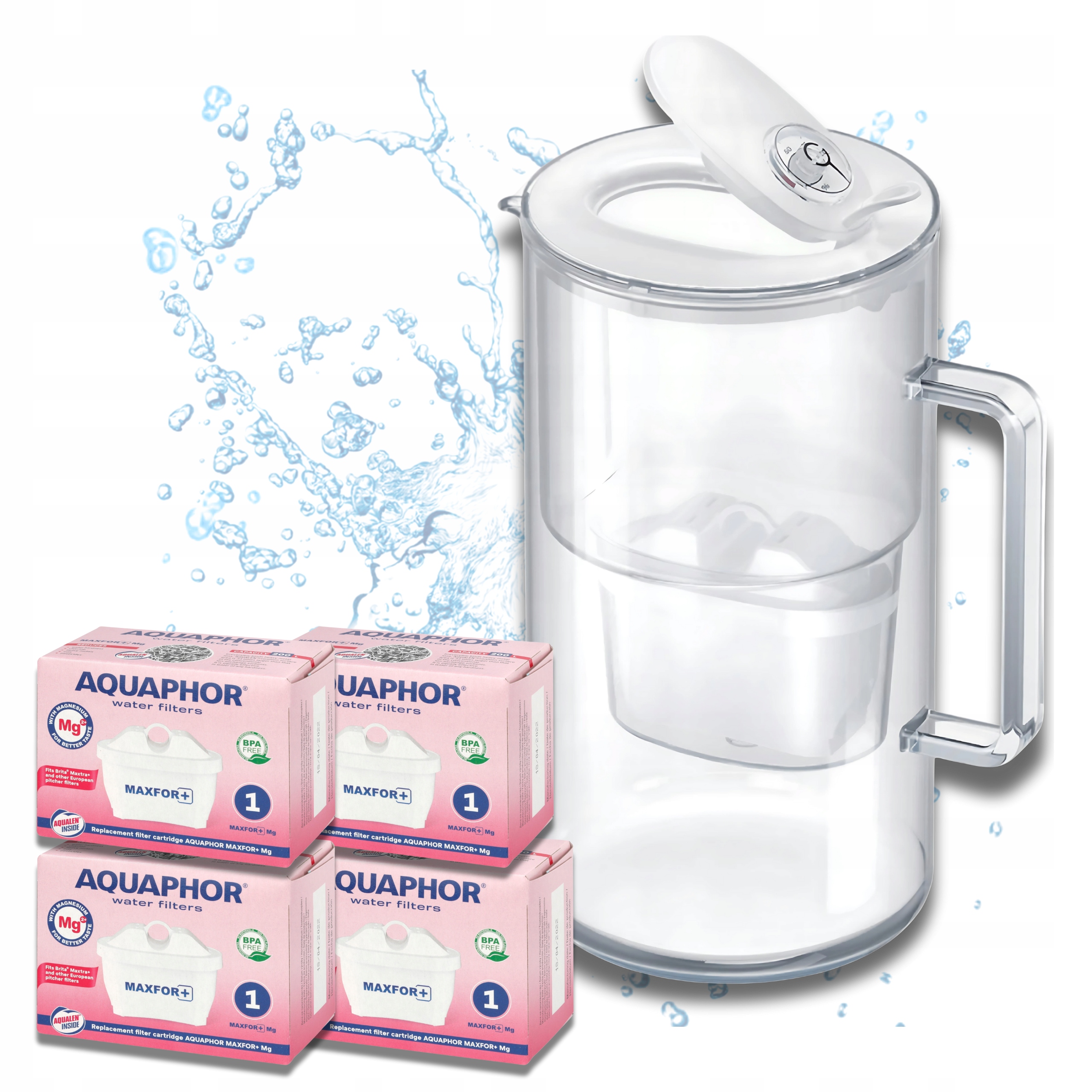 Dzbanek filtrujący Aquaphor Glass, biały szklany 4 filtry Maxfor+ Mg