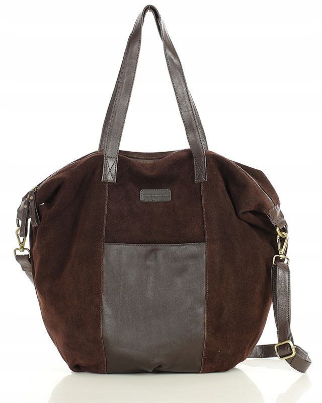 Torba Skórzana Zamszowa Marco Mazzini shopper ciemnobrązowa z kieszeniami