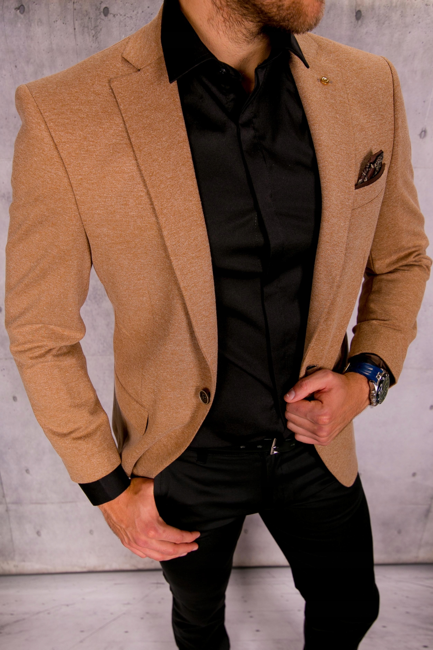 Modna marynarka męska camel rozm. 52 M/L Marka Barbetti