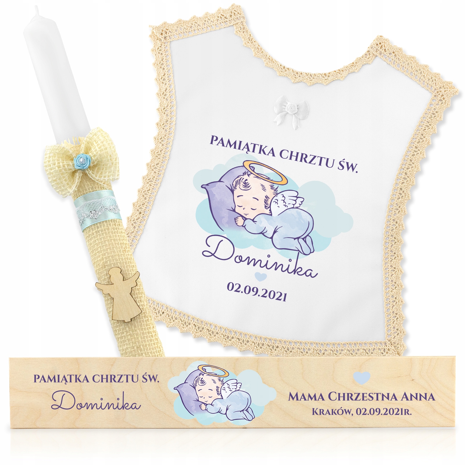 SZATKA I ŚWIECA do chrztu + PUDEŁKO IMIĘ NADRUK
