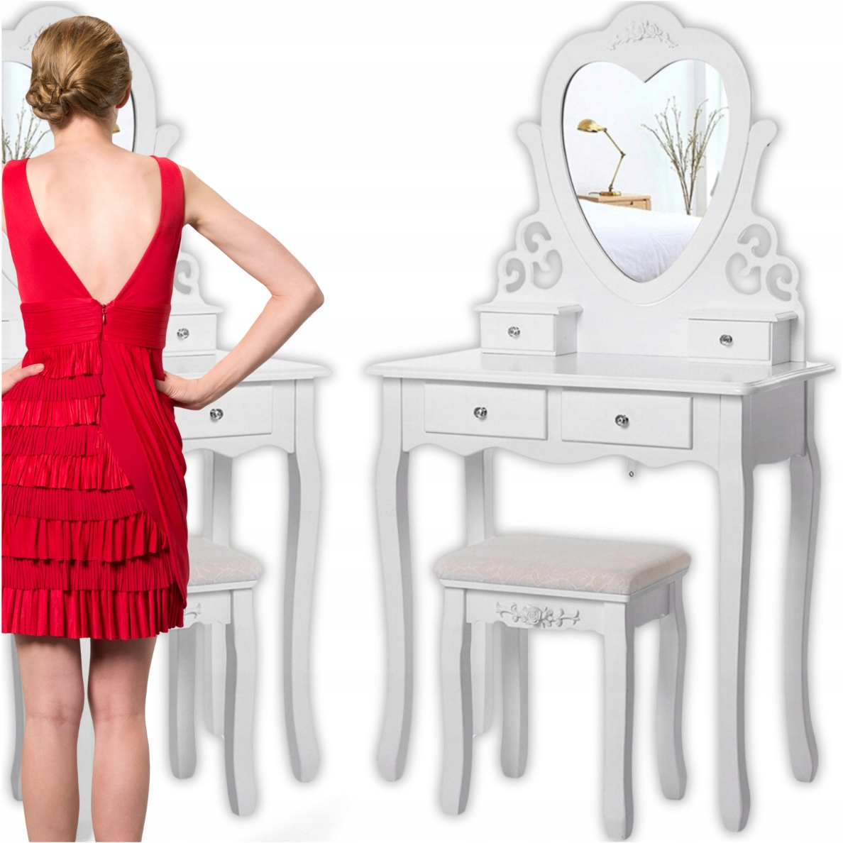 TOALETKA KOSMETYCZNA SERCE z LUSTREM BIAŁA+TABORET