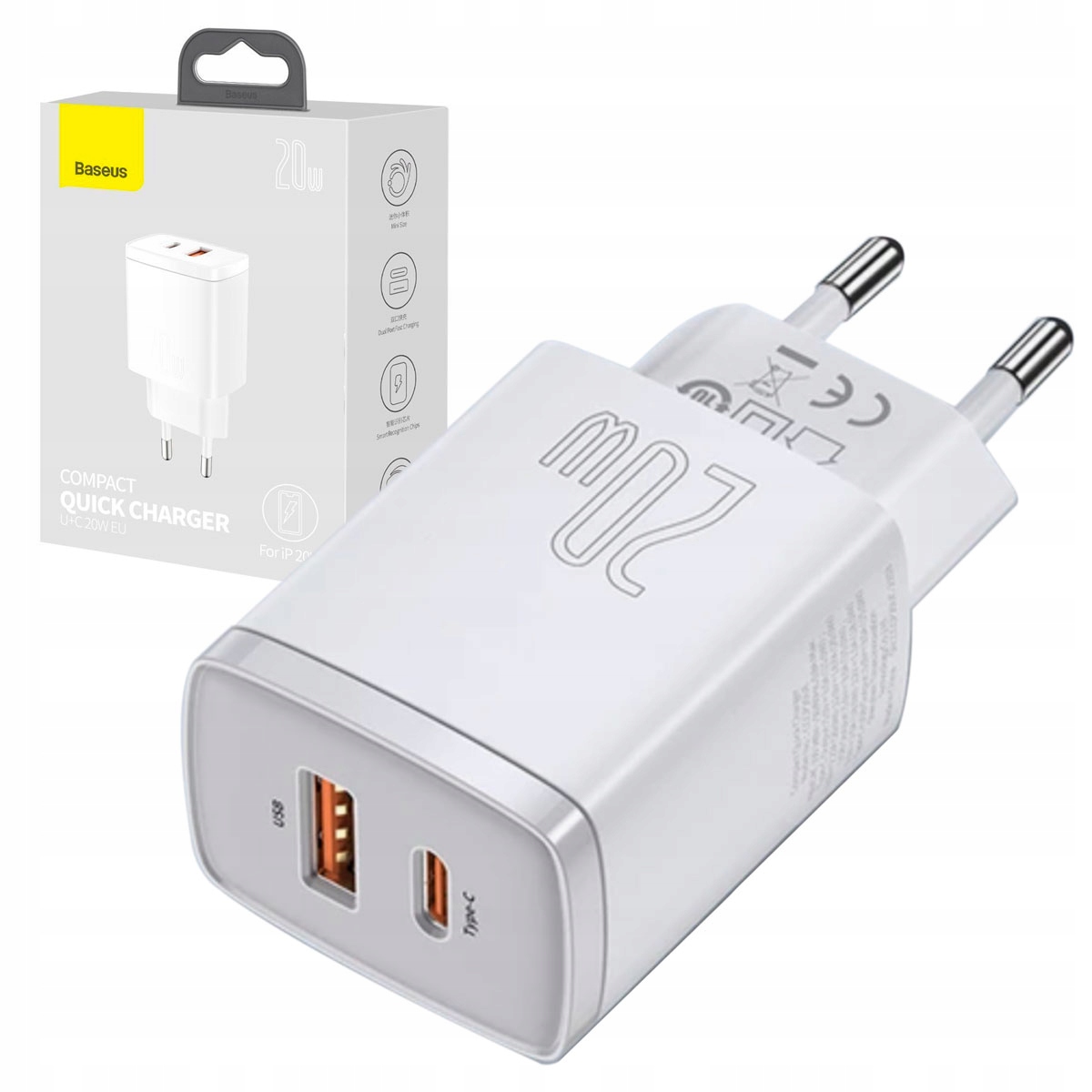 BASEUS SZYBKA ŁADOWARKA SIECIOWA USB / USB TYP C 20W 3A COMPACT