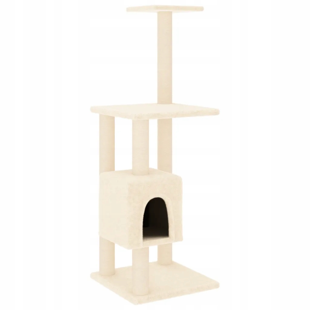 Levně Škrabadlo pro kočky s domečkem, plošinami a sisalovými sloupky, krémové, 42x