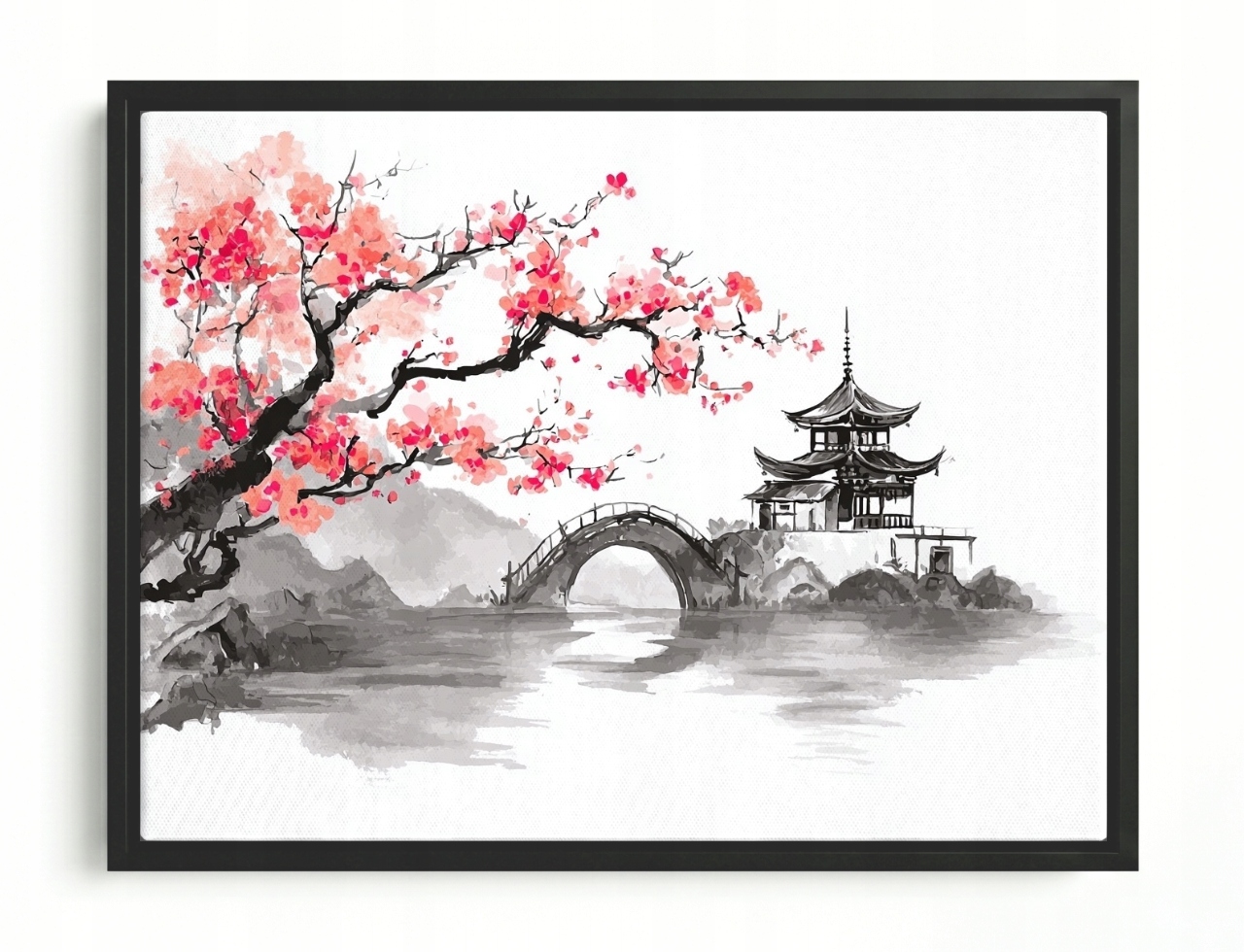 Obraz Rám Americký Box Asie Čína Pagoda Most Dřevo Višeň Sakura 80x60