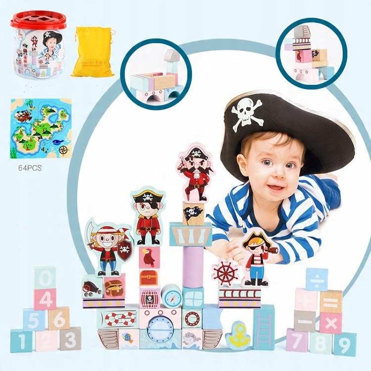 

Duże Drewniane Klocki Piraci Puzzle Wiaderko
