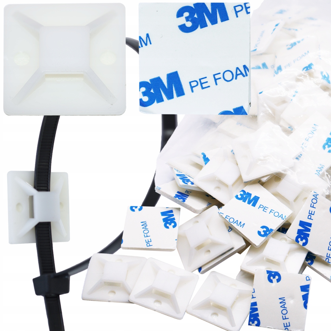 100x Podstawka Montażowa Opasek Kablowych 30x30 Mocowanie Uchwyt Biały 3M