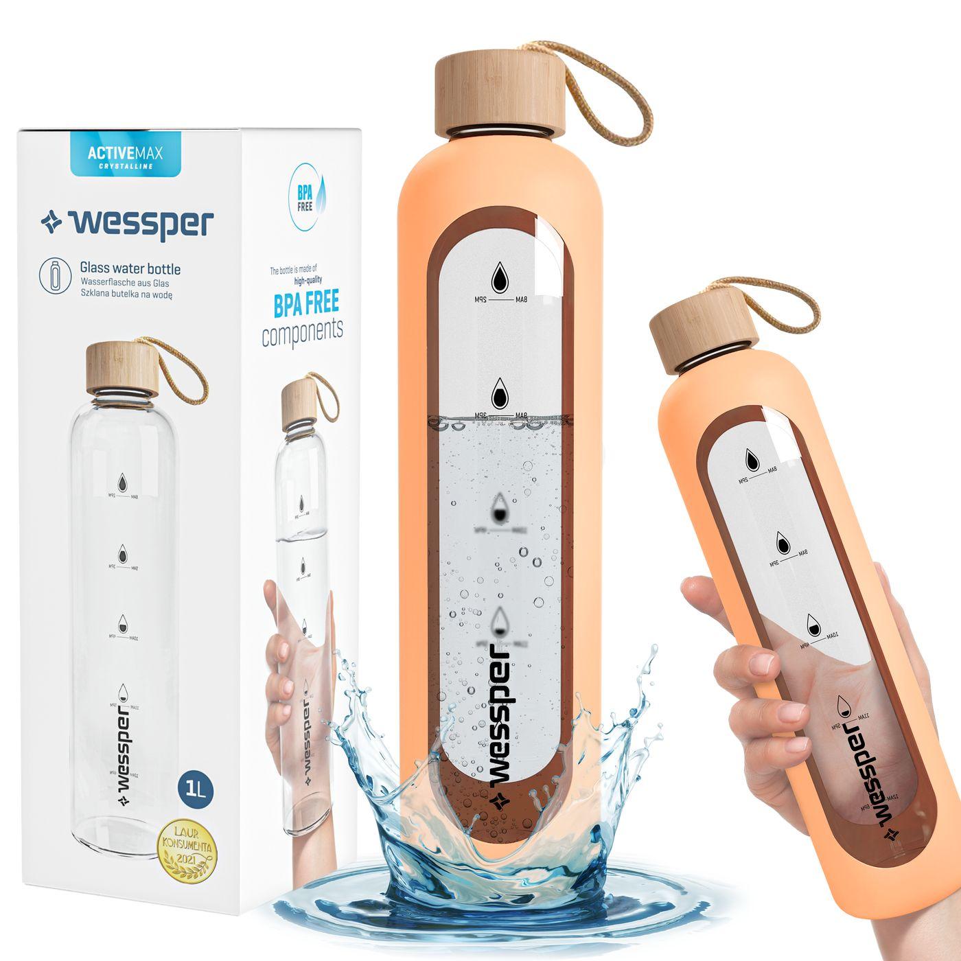 BUTELKA SZKLANA NA WODĘ ETUI 1000ml BRZOSKWINIOWA BIDON