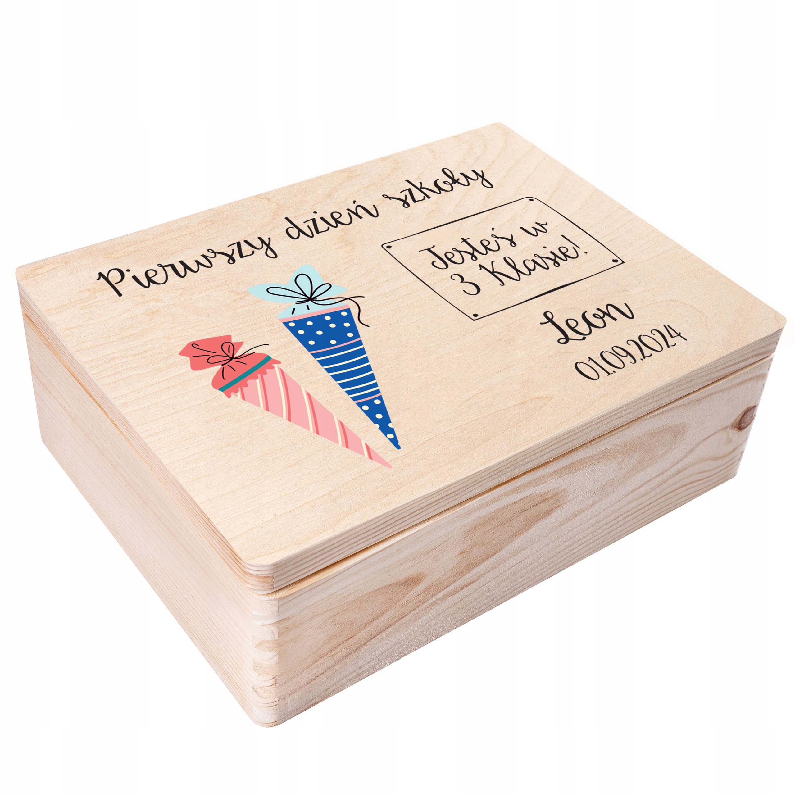 Dřevěná krabička na školní suvenýry pro dítě se jménem dárek 40x30
