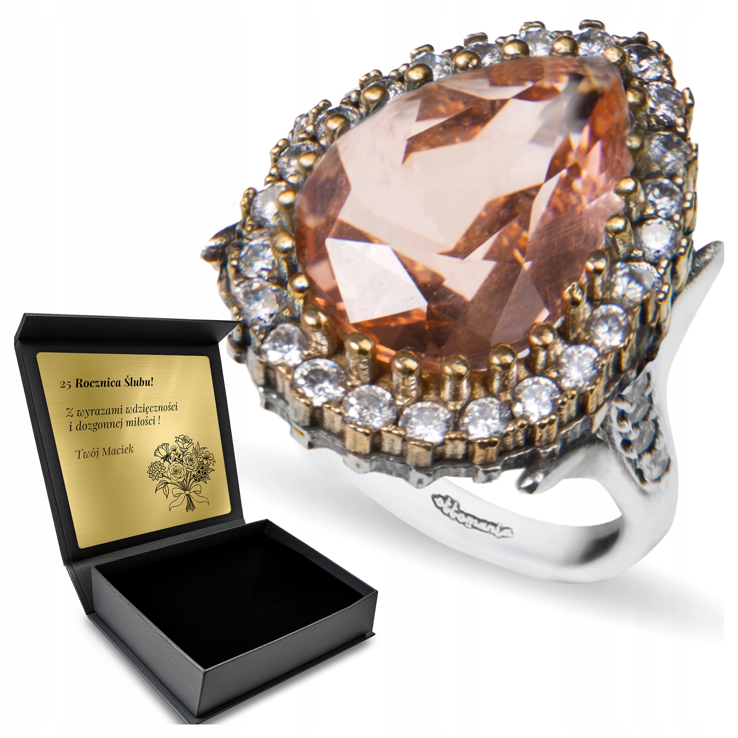 Prstýnek 925 S Zirkony A Morganitem pro ženy Gravírování Bonus