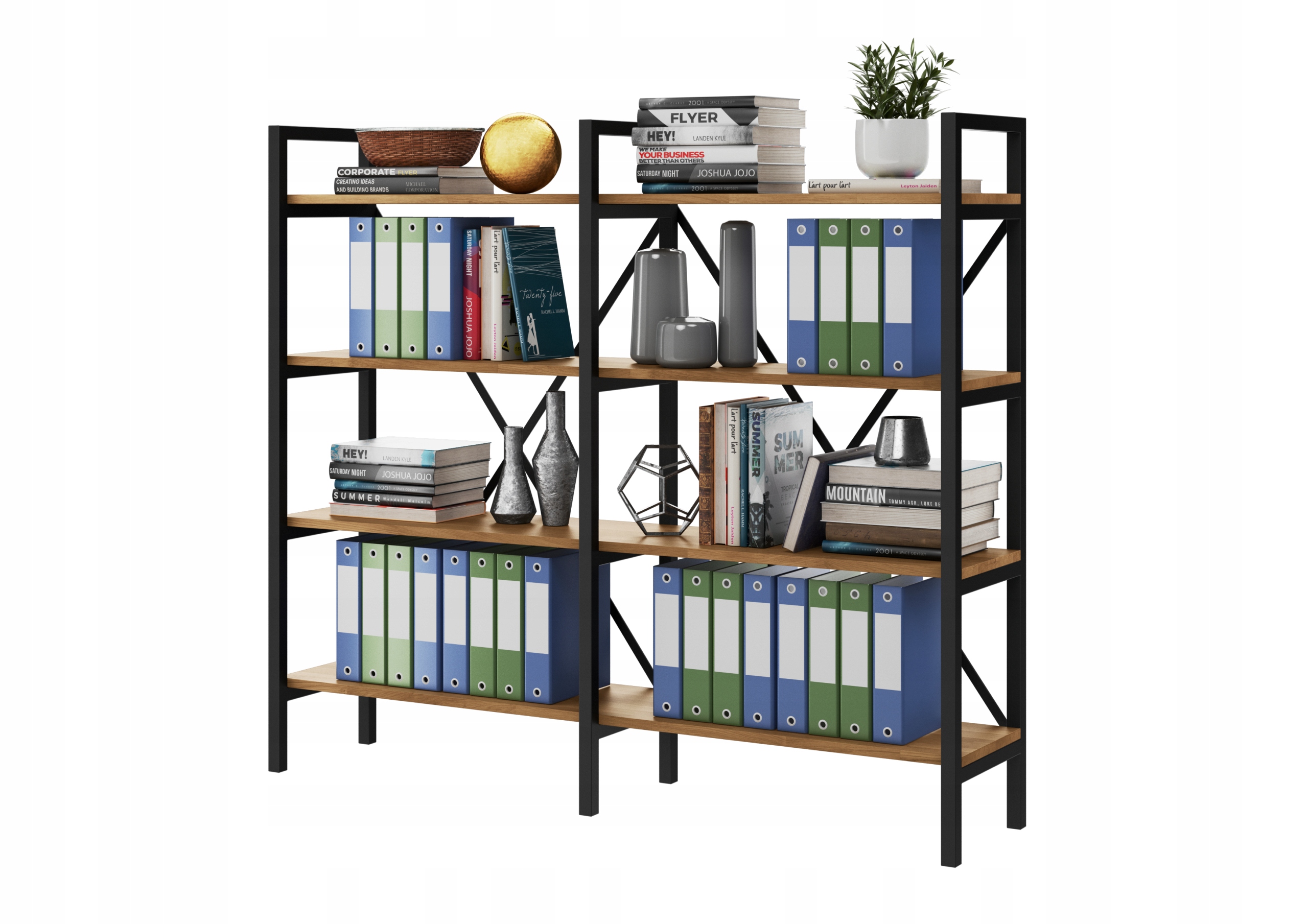 Kancelářský regál loft na segregátory kov a dub Medium-office D4+R 160x30 cm