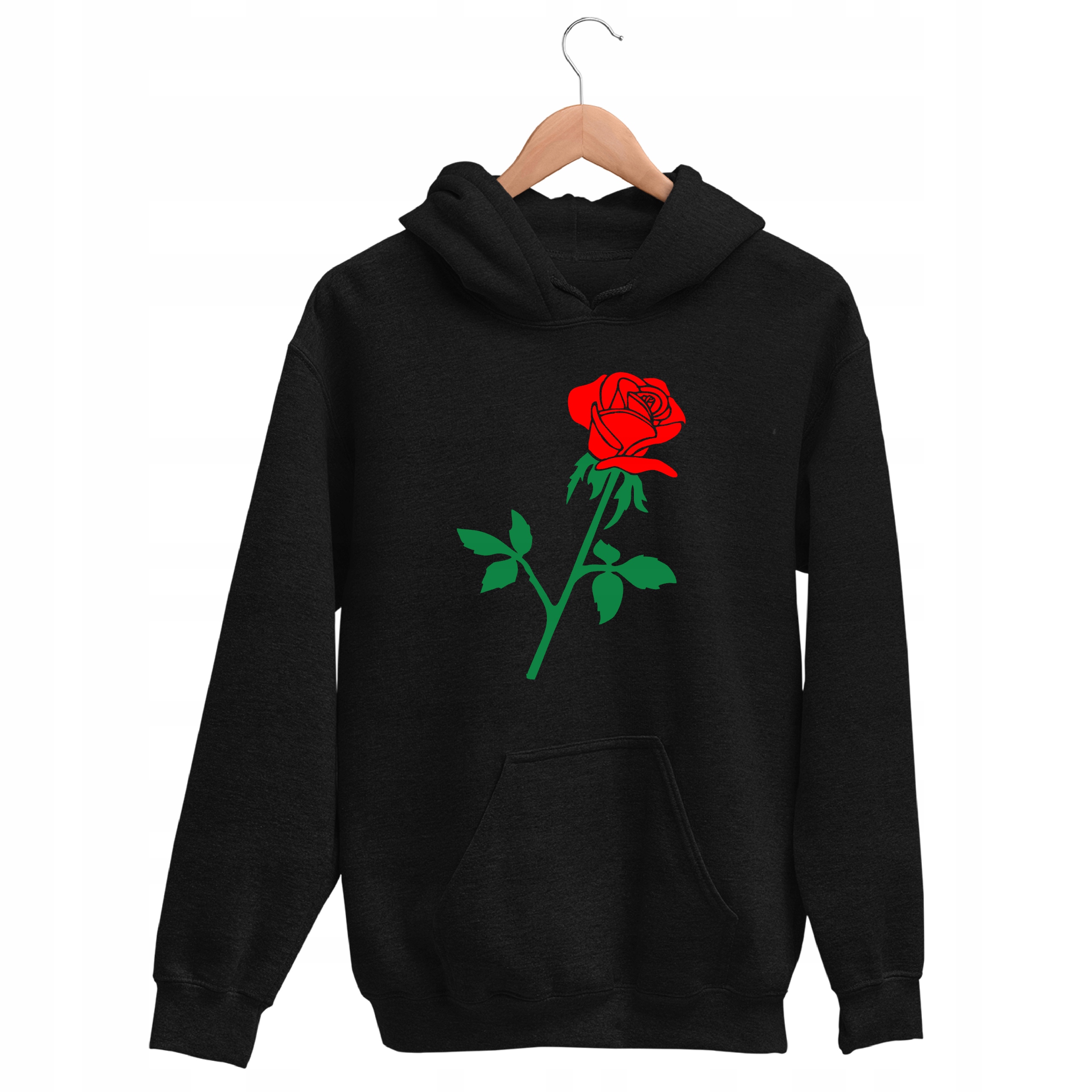 

Bluza Czarna Z Kapturem Kangurka Róża Ładna Wzór M