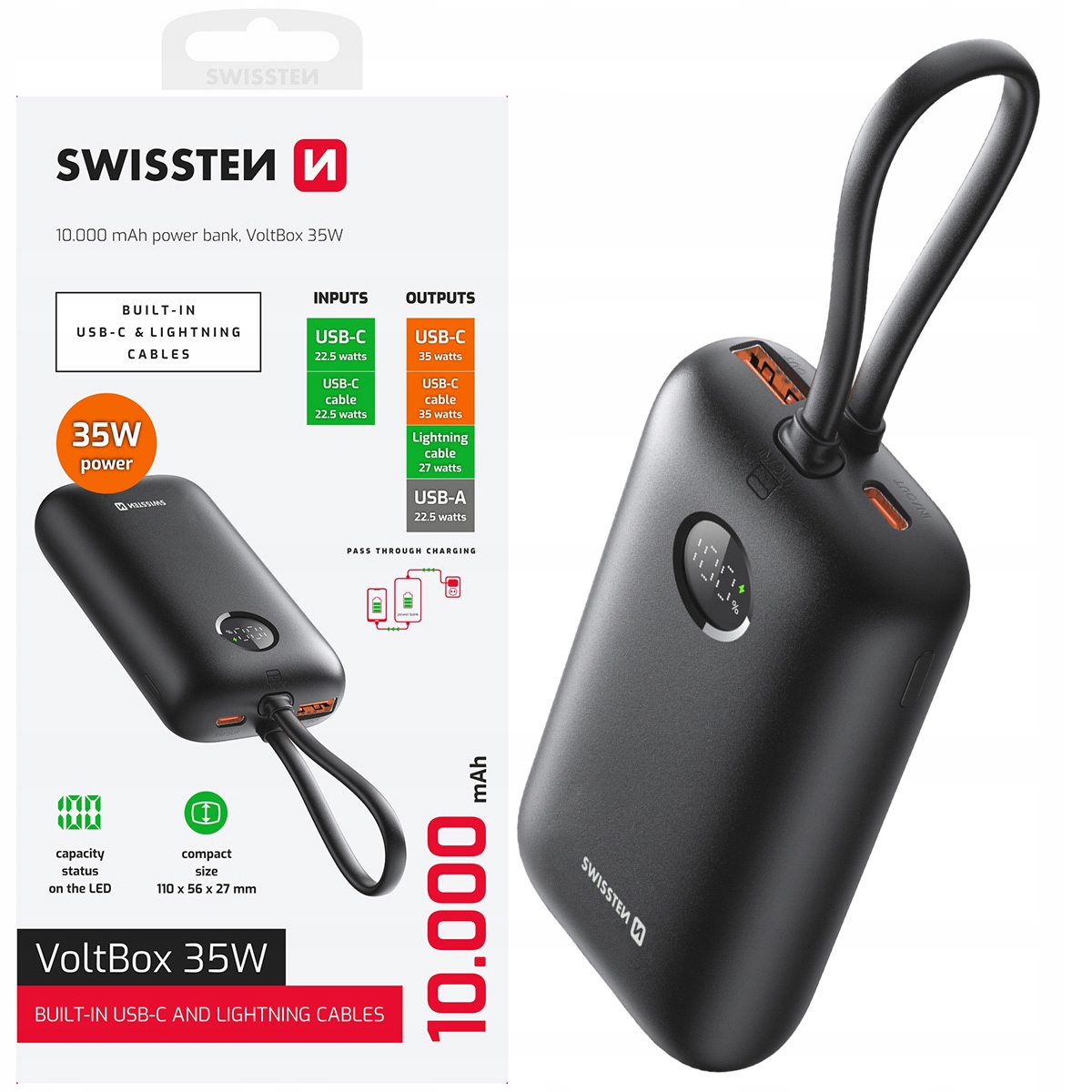 Powerbanka Swissten 10000 mAh Voltbox Usb-c Usb-a 35W Usb-c Lightning kabel