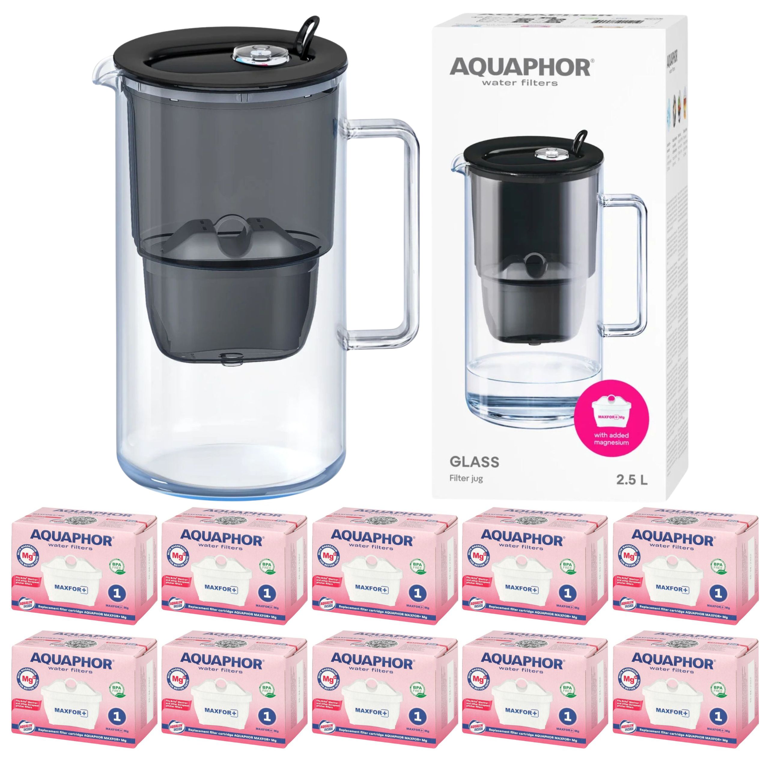 Filtrační konvice skleněná Aquaphor Glass, černá 10 filtrů Maxfor+ Mg